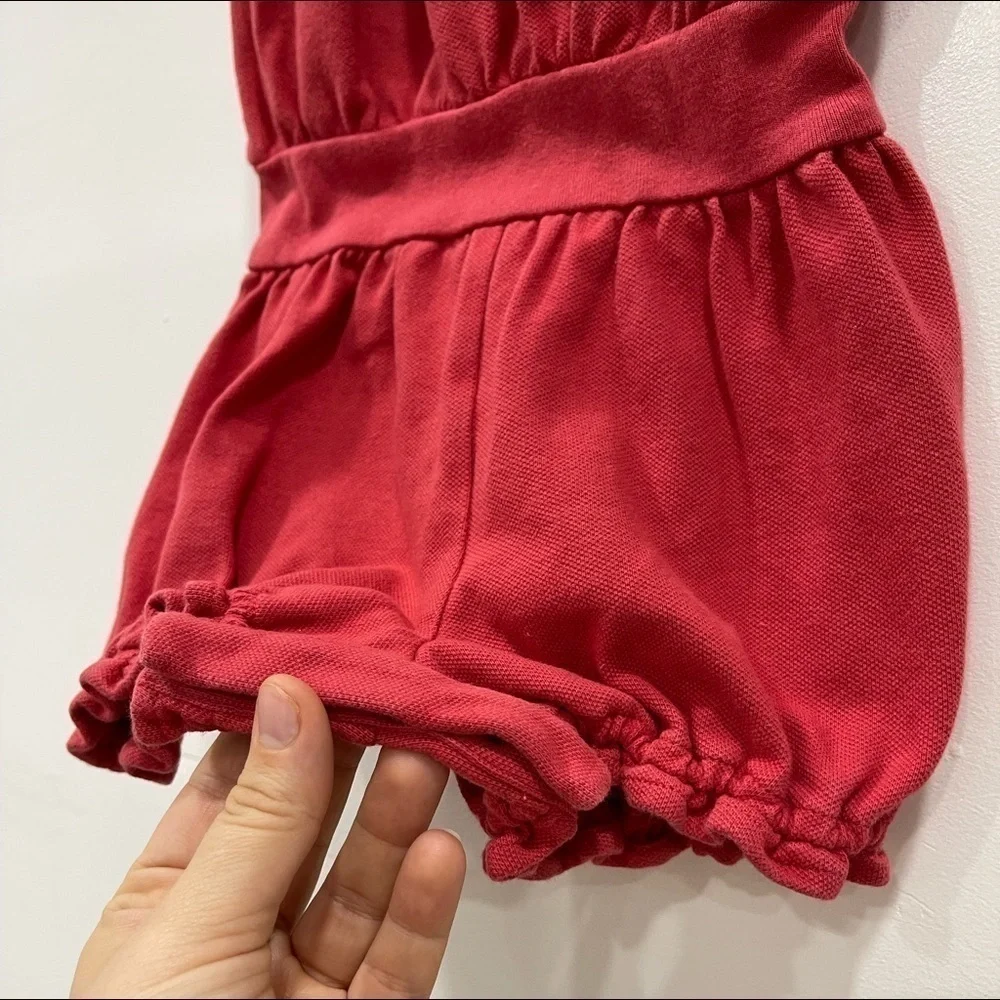 Ralph Lauren Ruffle Trim Tie-Sleeve Romper Onesie Red Cotton 12 month